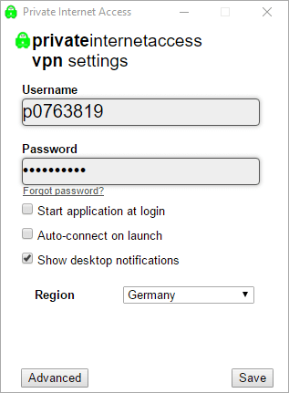 Settings dialogue of the PrivateInternetAccess software, prompting user for username and password