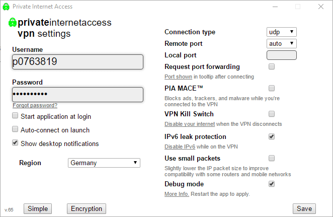 Application panel for changing connection settings