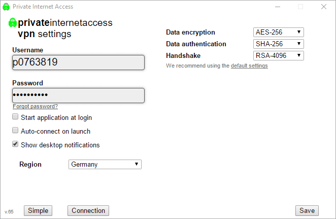 Application panel for changing encryption settings